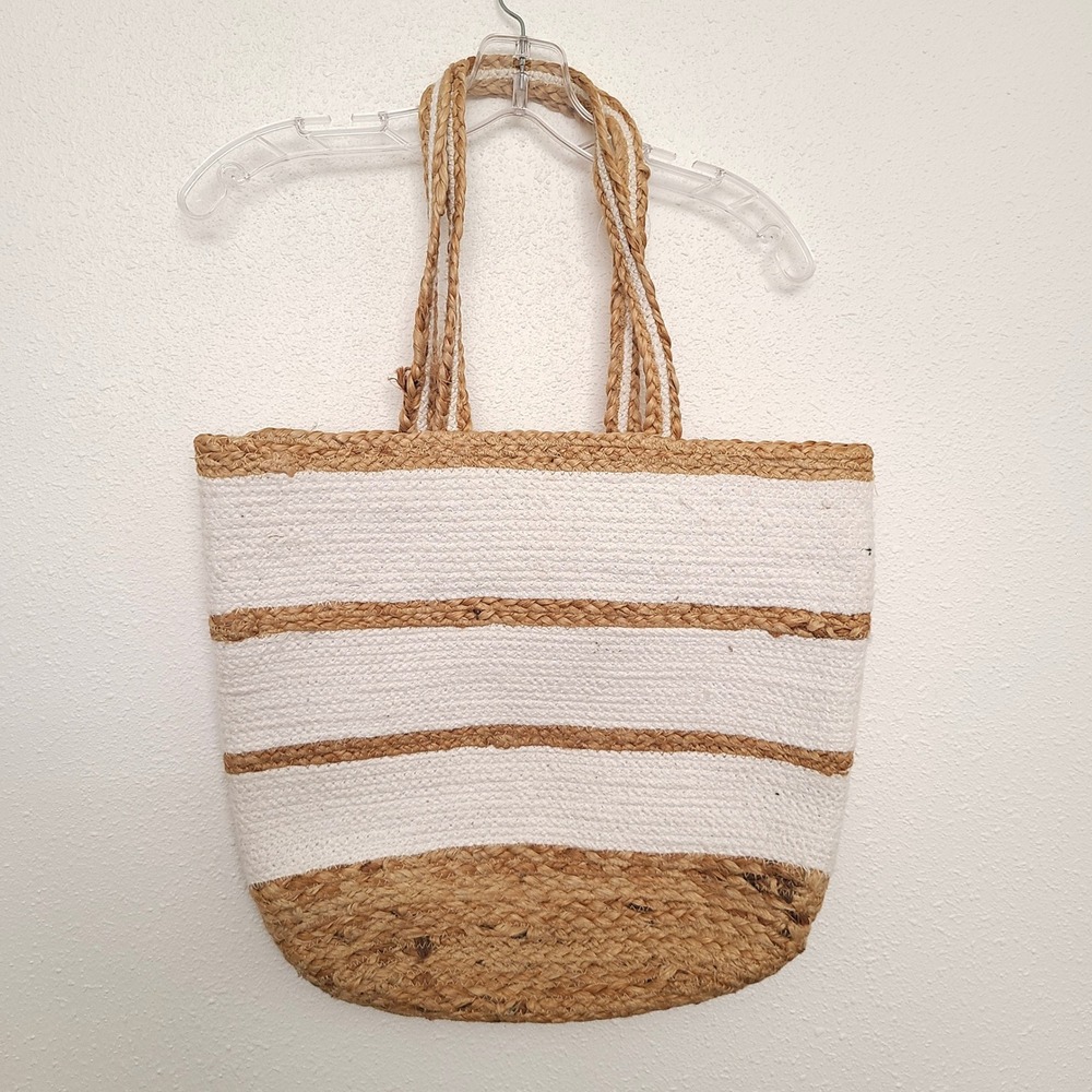 Chloe & Lex Cotton Jute White Striped Beach Tote Large Coastal Grandma Minimal‎